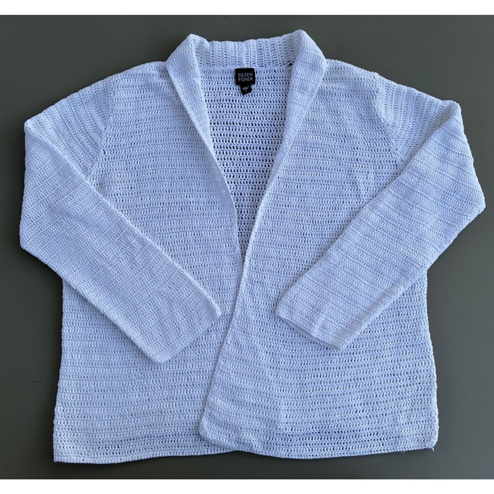 Eileen Fisher White 100% Cotton Crochet Open Front Cardigan Sweater Large